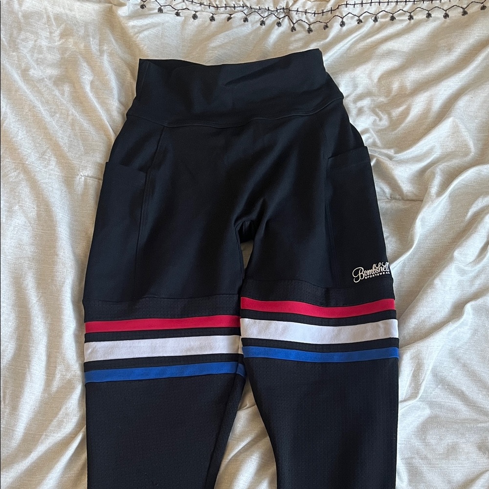 Bombshell Sportswear Black Leggings with Red, White & Blue Stripes